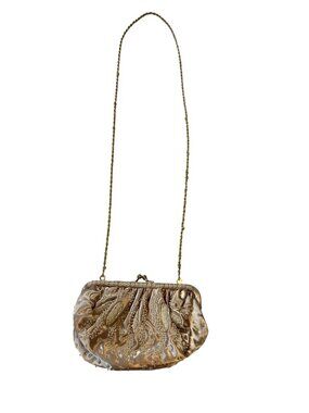 La Regale Beaded Satin Evening Bag Champagne Gold Clutch Chain Strap Vintage